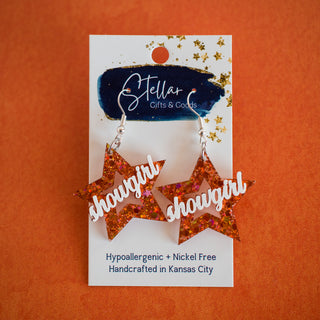 Orange Glitter Showgirl Star Dangles