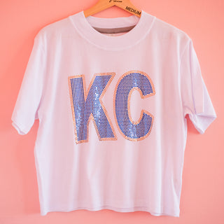 Blue & Gold Spangled KC Women's Cut Boxy White Crop Tee