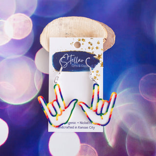 Diagonal Stripe Pride White I Love You Hand Sign Dangles