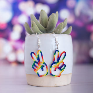 Diagonal Stripe Pride White Peace Hand Sign Dangles 2