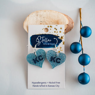 Hand Painted Dk Blue & Lt Blue Glitter KC Heart Dangles