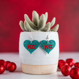 Hand Painted Teal & Red Glitter KC Heart Dangles2