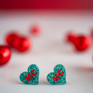 Hand Painted Teal & Red Glitter KC Heart Studs