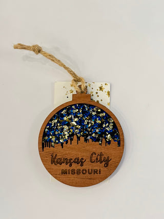 Kansas City Missouri Skyline Ornament with Blue & Gold Chunky Glitter