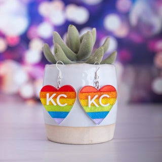 Rainbow Glitter Pride Layered Striped KC Heart Dangles 2