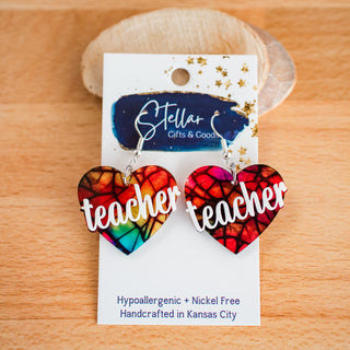 Rainbow Pebble Teacher Heart Dangles