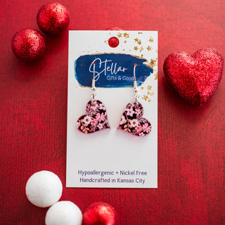 Petite Heart Dangles - Pink Mirror Floral