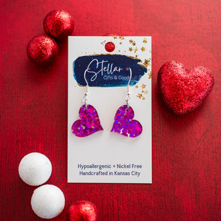 Petite Heart Dangles - Fuchsia Hex Glitter