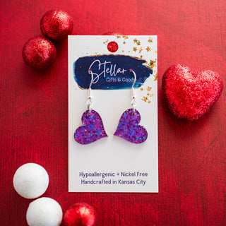 Petite Heart Dangles - Purple Sparkle Glitter