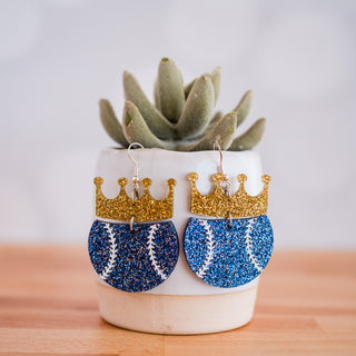 Hand Painted Blue & Gold Glitter Medium Crown Baseball Dangles