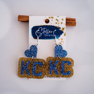 Blue & Gold Glitter KC Heart Double Layered Drop Dangles