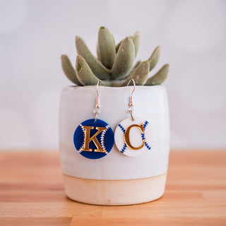 Blue & White Petite KC Baseball Double Layered Dangles