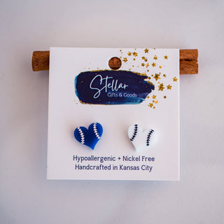 Blue & White Baseball Heart Studs