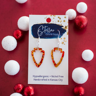 Petite Red & Gold Glitter Flake Arrowhead Outline Dangles