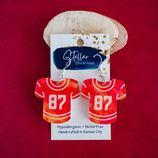 Red & Gold Tie Dye 87 Jersey Dangle Earrings