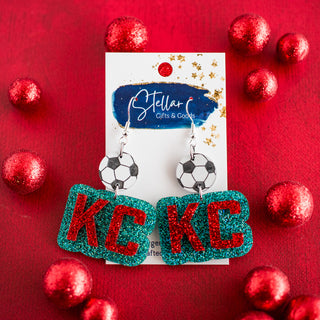 Teal & Red Glitter KC Soccer Double Layered Drop Dangles