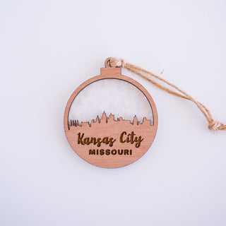 Kansas City Missouri Skyline Ornament with White Snowflakes