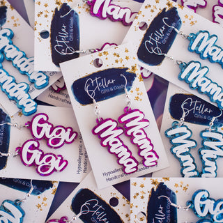 Glitter Hex Dangles - Mama, Mom, Grandma, Gigi, Mimi, Nana