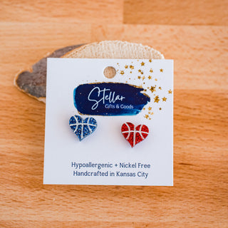 Blue & Red Glitter Hand Painted Basketball Heart Studs