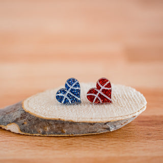 Blue & Red Glitter Hand Painted Basketball Heart Studs