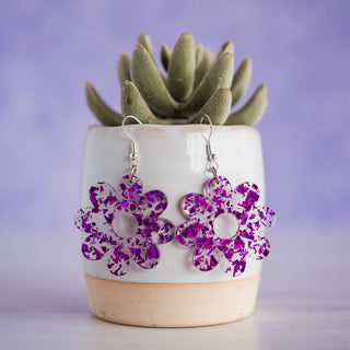 Medium Purple Glitter Flake Daisy Dangles 2