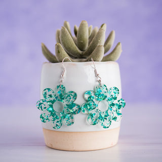 Medium Teal Glitter Flake Daisy Dangles 2