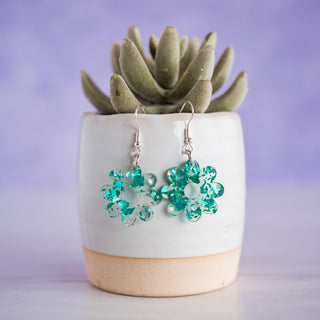 Petite Teal Glitter Flake Daisy Dangles 2