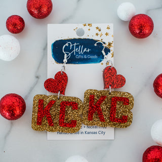 Red & Gold Glitter KC Heart Double Layered Drop Dangles