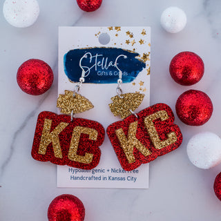 Red & Gold Glitter KC Arrowhead Double Layered Drop Dangles
