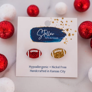 Red & Gold Glitter Hand Painted Football Studs