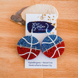 Blue & Red Hand Painted Glitter Acrylic Split Basketball Dangles