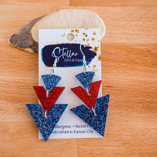 Blue & Red Glitter Triple Triangle Drop Dangles