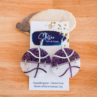 Purple & White Hand Painted Glitter Acrylic Split Basketball Dangles