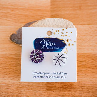 Purple & White Hand Painted Glitter Acrylic Basketball Studs