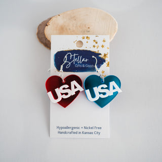 Americana Red & Blue Mirror USA Heart Dangles