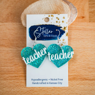 Aqua Glitter Teacher Heart Dangles