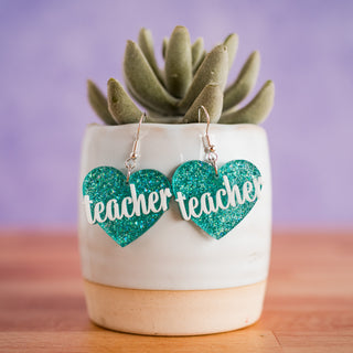 Aqua Glitter Teacher Heart Dangles 2