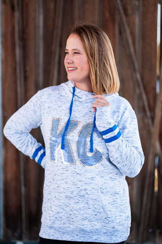 Blue & Gold Spangled KC Women's Heathered Fleece Striped-Sleeve Hoodie