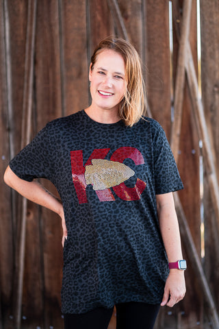 Red & Gold Spangled KC Arrowhead Unisex Black Leopard Tee