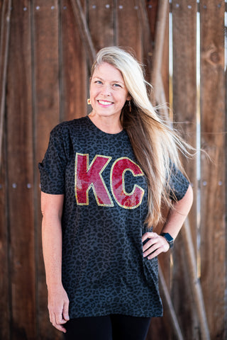 Red & Gold Spangled KC Unisex Black Leopard Tee