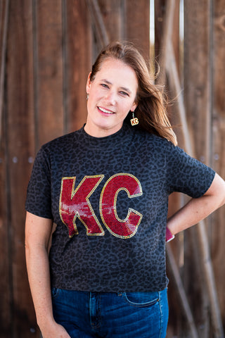 Red & Gold Spangled KC Women's Cut Boxy Black Leopard Crop Tee