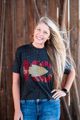 Red & Gold Spangled KC Arrowhead Women's Cut Boxy Black Leopard Crop Tee