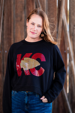 Red & Gold Spangled KC Arrowhead Women's Raglan Fleece Crop Sweatshirt