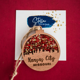 Kansas City Missouri Skyline Ornament with Red & Gold Chunky Glitter