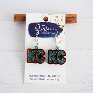 Petite Teal Glitter Red Mirror DL KC Letter Dangles