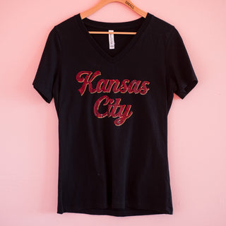 Red & Gold Spangled Kansas City Black Women's V Neck Tee