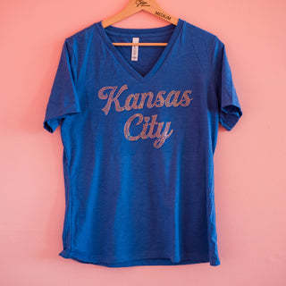 Blue & Gold Spangled Kansas City Blue Women's V Neck Tee