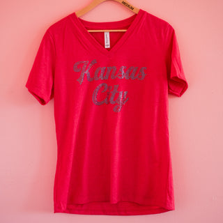 Teal & Red Spangled Kansas City Red Women's V Neck Tee