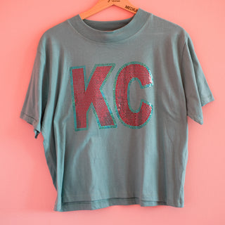 Teal & Red Spangled KC Women's Cut Boxy Teal Crop Tee