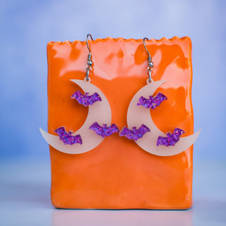 Glow in the Dark Moons with Purple Glitter Bats Dangles